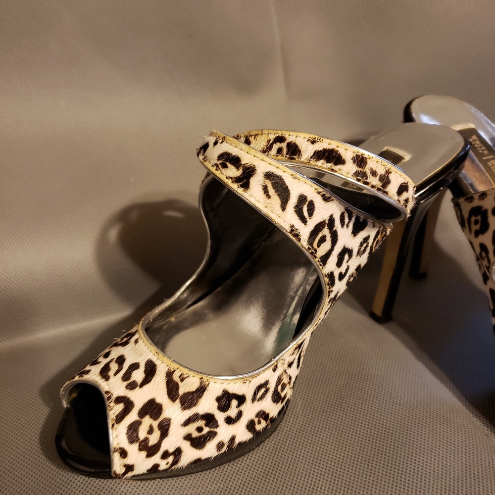 White/Black Calf hair Cheetah Strap Heels